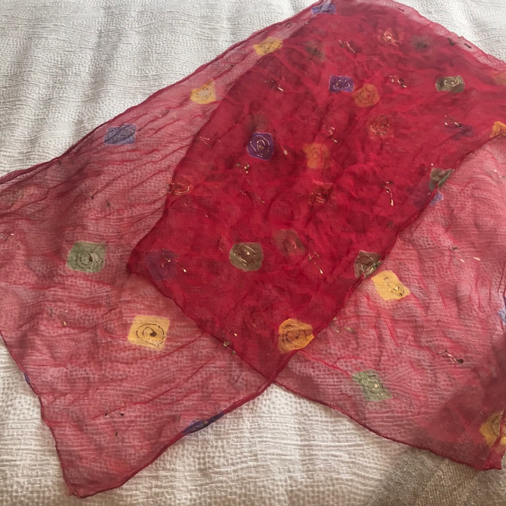 Beautiful red sheer scarf with accent designs